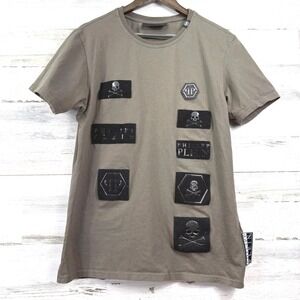 Philipp Plein T-Shirt Mens M Olive Green Patchwork Skull Luxury Streetwear Edgy